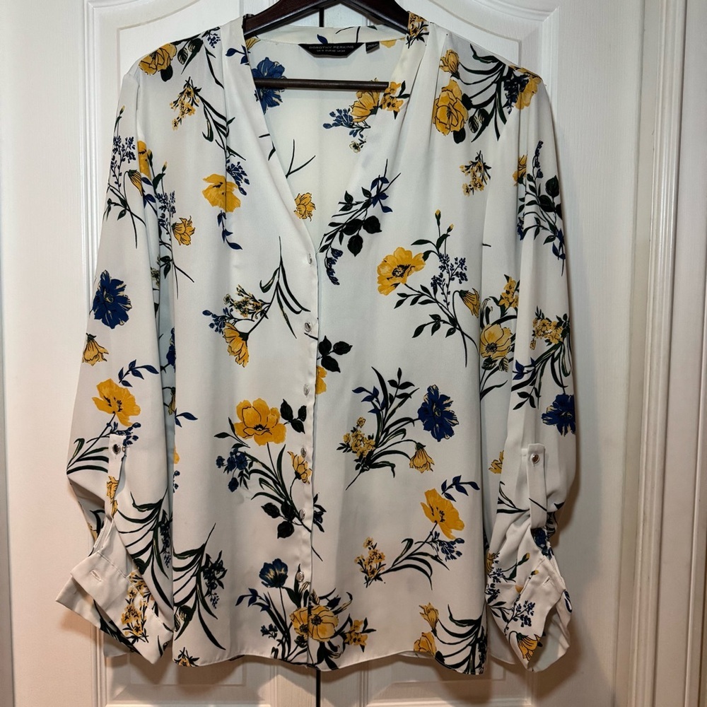 Dorothy Perkins V Neck Roll Sleeve Off White with Florals Blouse - Women’s US 16 - Picture 4 of 8